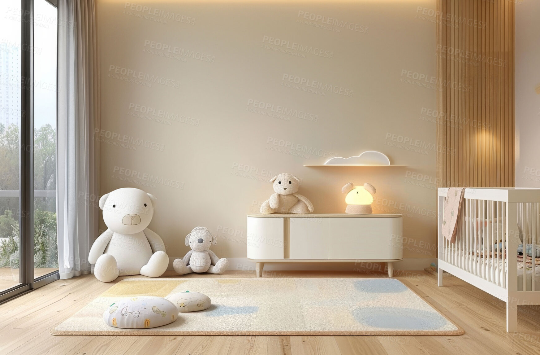 Buy stock photo Nursery, interior design and children room in home, crib and furniture in accommodation. Bedroom, indoor and teddy bear for decoration in house, minimal indoors and modern kids space with toys 