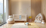 Nursery, interior design and children room in home, crib and furniture in accommodation. Bedroom, indoor and teddy bear for decoration in modern house, minimal and modern kids space with toys 