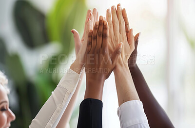 Sky, hands and women together for support or empowerment, community and bonding for strength or empathy. Female people, high five and air for solidarity or social gathering for encouragement.