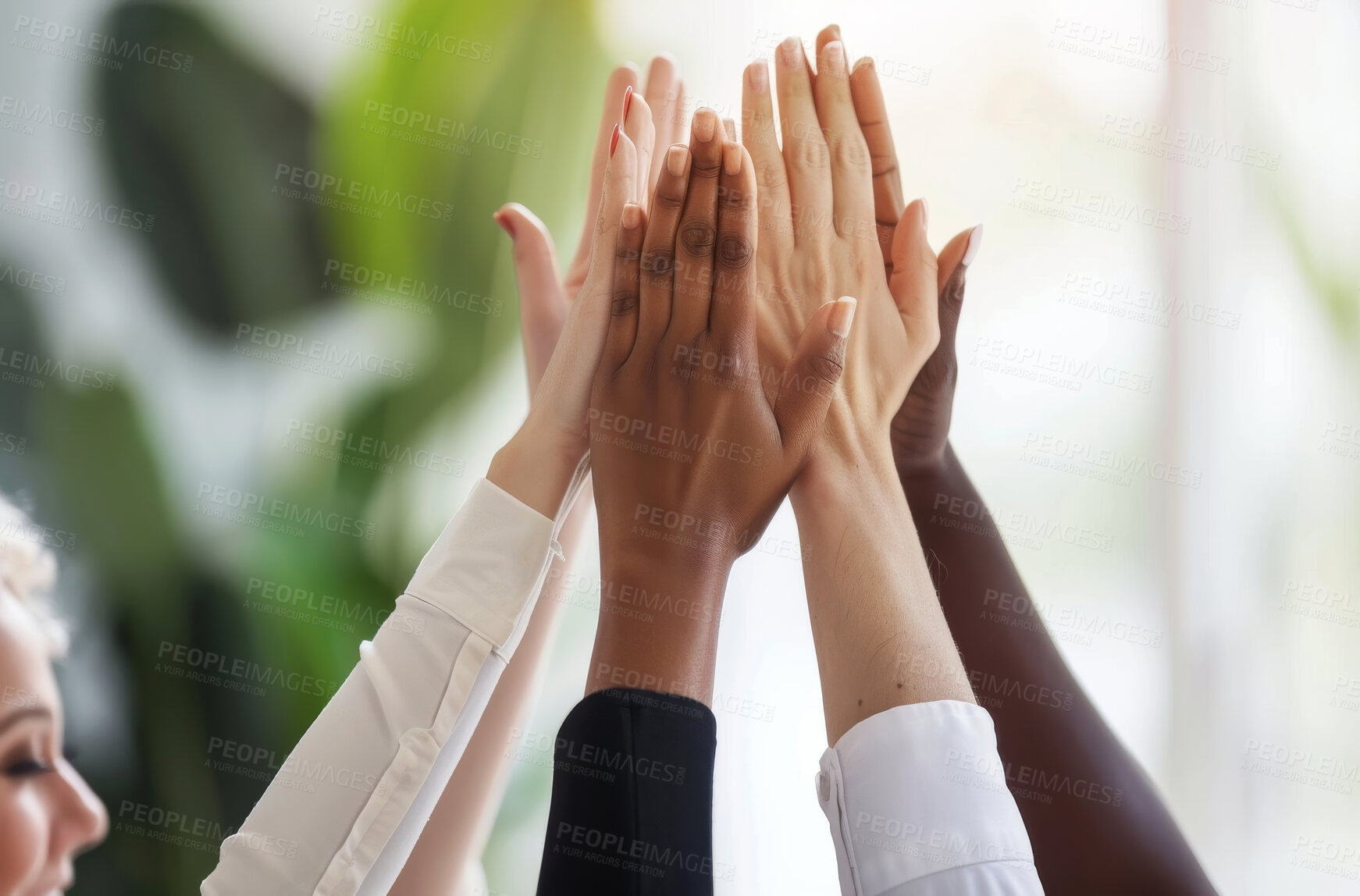 Buy stock photo Sky, hands and women together for support or empowerment, community and bonding for strength or empathy. Female people, high five and air for solidarity or social gathering for encouragement.