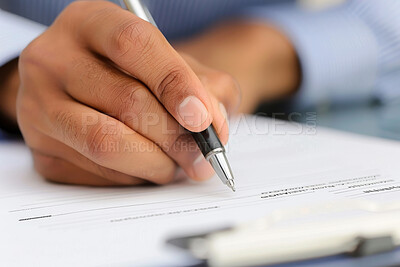 Person, contract and hand with pen on documents for legal agreement, application or information. Administration, paper and closeup with investment proposal for business deal, partnership or signature