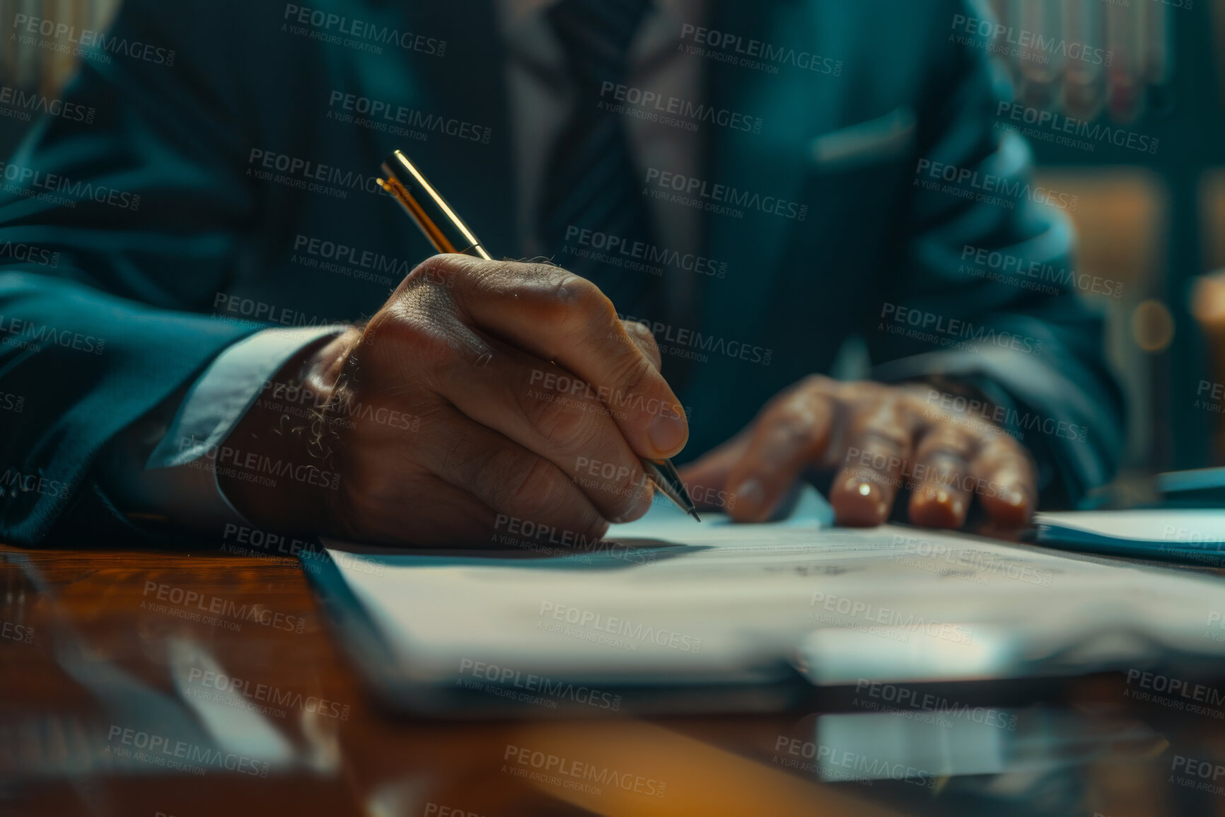 Buy stock photo Contract, documents and hands of professional employee at work closeup for finance management. Legal, paper and signature with business person writing in workplace for accounting or investment