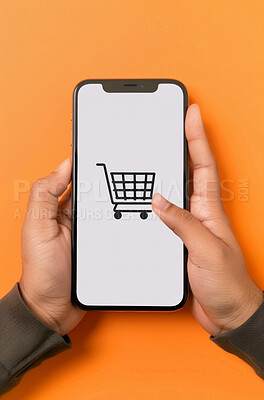 Smartphone, studio and hands for internet shopping, screen and ecommerce on technology or networking. Online, marketplace for convenience with website to purchase, connection for digital storefront