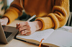 Student, laptop and hand with pen on notebook for knowledge, e learning and studying for exam. Woman, paper and digital technology with journal for education, planning and research in online course