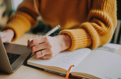Student, laptop and hand with pen on notebook for knowledge, e learning and studying for exam. Woman, paper and digital technology with journal for education, planning and research in online course