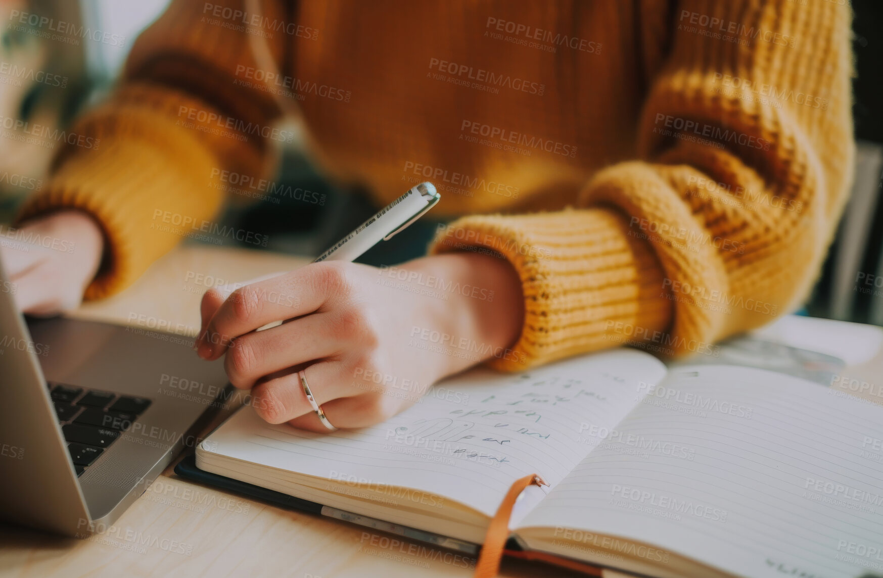 Buy stock photo Student, laptop and hand with pen on notebook for knowledge, e learning and studying for exam. Woman, paper and digital technology with journal for education, planning and research in online course