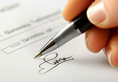 Paper, signature and hand with pen on contract for financial investment, partnership and information. Pen, compliance documents and person with policy for bank loan, application and legal agreement