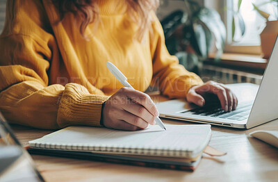 Woman, laptop and hand with pen on notebook for education, e learning and studying at home. Student, paper and digital technology with journal for planning, information and research in online course