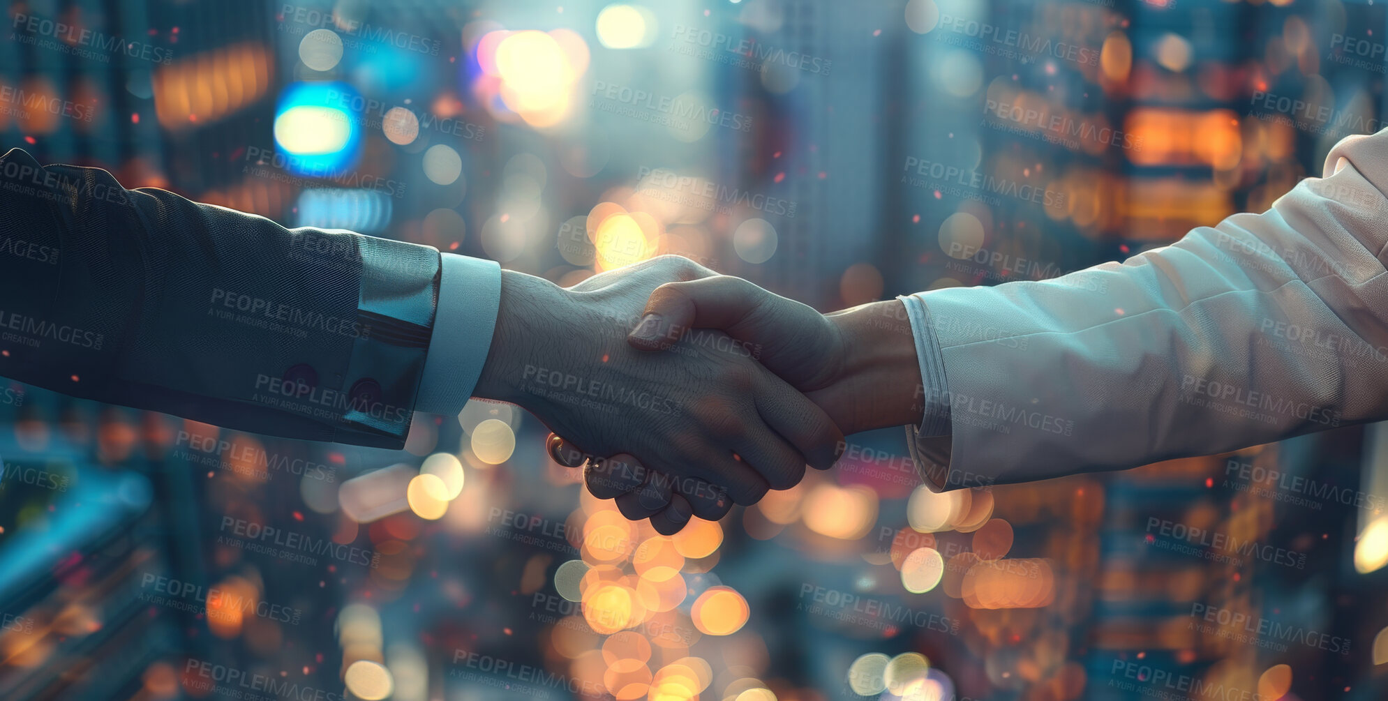 Buy stock photo Business, people and handshake in city with bokeh for overlay, partnership and corporate agreement. B2b, trust and shaking hands for contract approval or thank you, greeting and negotiation for deal.