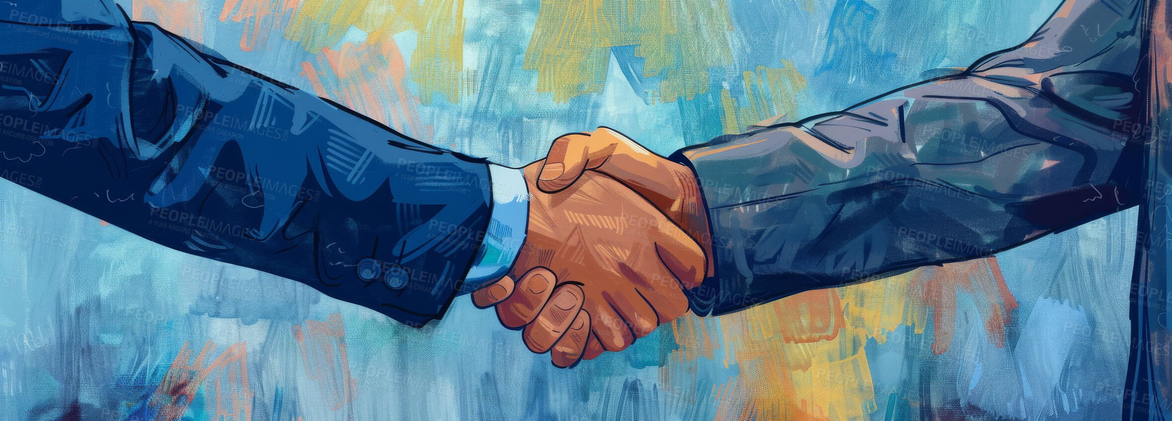 Buy stock photo Handshake, illustration and meeting of business, people and art of deal for project, contract and trust. Partnership, collaboration and agreement of employee, client and teamwork for career and sales