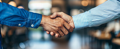 Business people, meeting and shaking hands in cafe for introduction, hello and b2b agreement. Entrepreneur and investor handshake in startup partnership or consultation for advice on restaurant sales