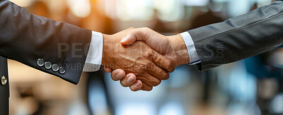 Business people, meeting and handshake in cafe for introduction, hello and b2b agreement or partnership. Entrepreneur, stakeholder or investor shaking hands in restaurant deal, negotiation or success
