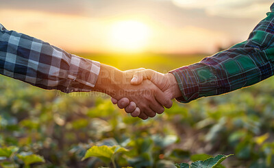 Handshake, people and deal in countryside with partnership with shaking hands in closeup for business meeting. Agreement, trust and hustle with well done for agriculture industry with reputation