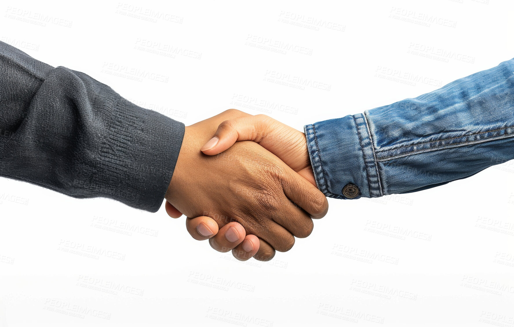 Buy stock photo People, agreement and handshake for success in studio on white background for support, teamwork and collaboration. Hands, partnership and achievement congratulations, trust and welcome with deal