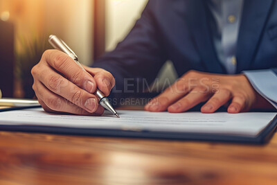 Business hands, signature and lawyer document with legal agreement, contract and reading policy for decision. Attorney, notary or person writing report at law firm with paperwork, folder or case file