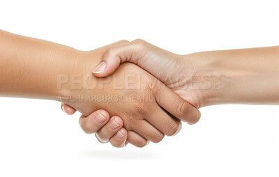 Buy stock photo People, partnership and handshake for success in studio on white background for deal, teamwork and collaboration. Hands, agreement and achievement congratulations, trust and welcome for opportunity