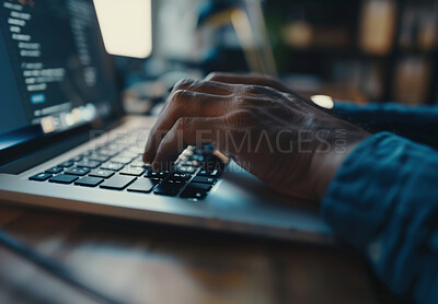 Laptop, hands and black man typing in office with online coding for web development at night. Cloud computing, technology and African male programmer work on internet design with computer keyboard.