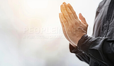 Worship, hands and prayer for faith, religion and holy message for Christianity with mockup space. Spiritual, praise and gospel for hope, healing and devotion or divine salvation for glory and peace