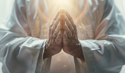 Religious man, hands and praying for worship, God and faith with hope or light. Catholic priest, meditation and spiritual peace for religion, gratitude and wellness with connection or confession