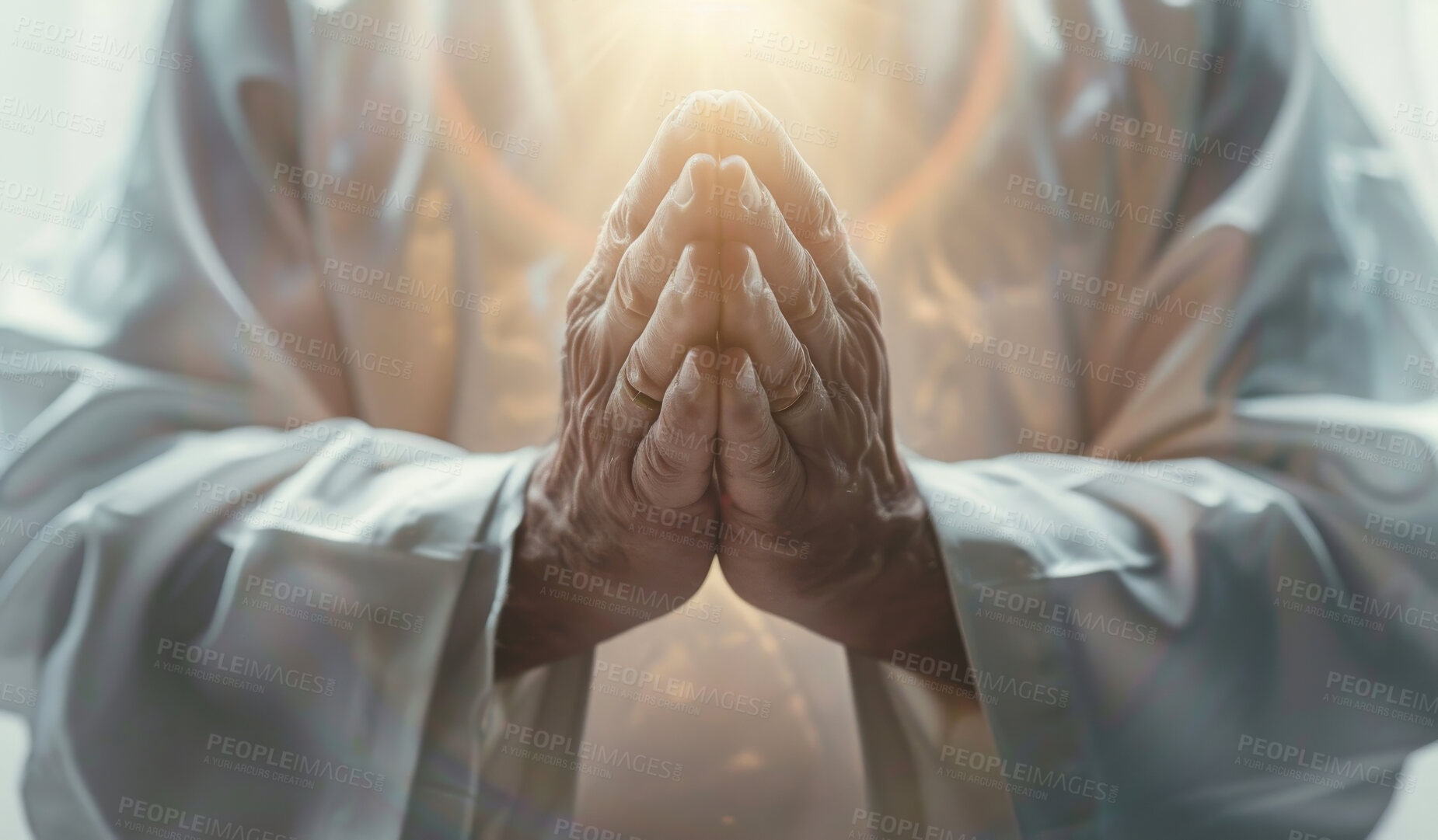 Buy stock photo Religious man, hands and praying for worship, God and faith with hope or light. Catholic priest, meditation and spiritual peace for religion, gratitude and wellness with connection or confession