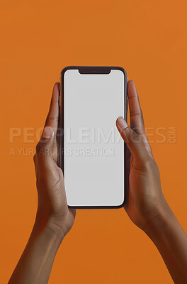 Smartphone, studio and hands for advertising or mockup, screen for ecommerce on technology or networking. Internet, product placement for convenience with website, connection for digital storefront