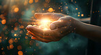 Hands, stars and holographic overlay of hope for support, prayer and care with cosmos for universe. Futuristic, hologram and palm with 3d glow of light, bokeh and spiritual energy or community