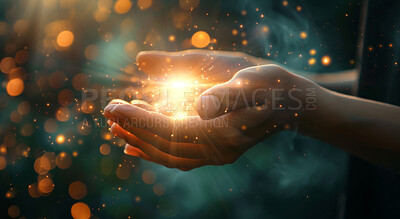 Hands, stars and holographic overlay of hope for support, prayer and care with cosmos for universe. Futuristic, hologram and palm with 3d glow of light, bokeh and spiritual energy or community