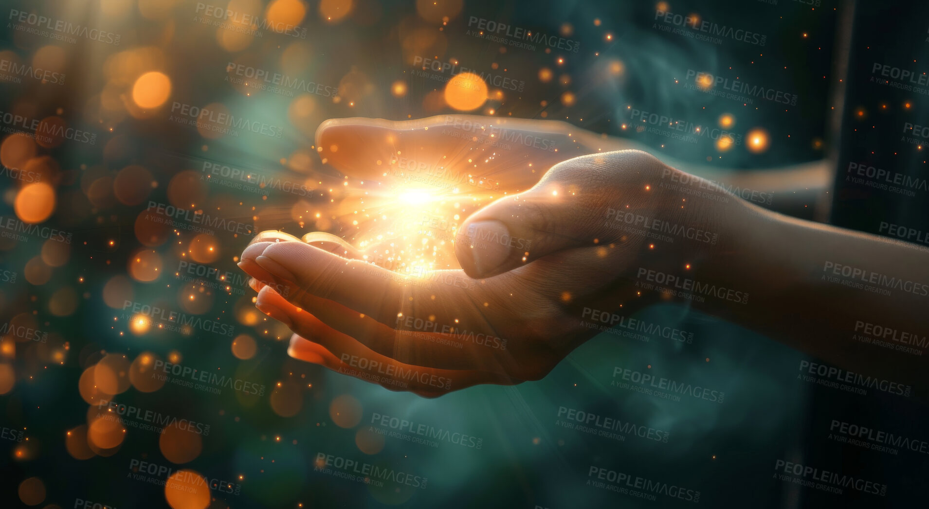 Buy stock photo Hands, stars and holographic person of hope for support, prayer and care with cosmos for universe. Futuristic, hologram and palm with 3d glow of light, bokeh and spiritual energy or community