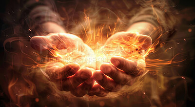 Hands, fire and holographic overlay of flame for support, prayer and care with light for power. Futuristic, hologram and palm with 3d glow of spark, heat and spiritual energy or community hope