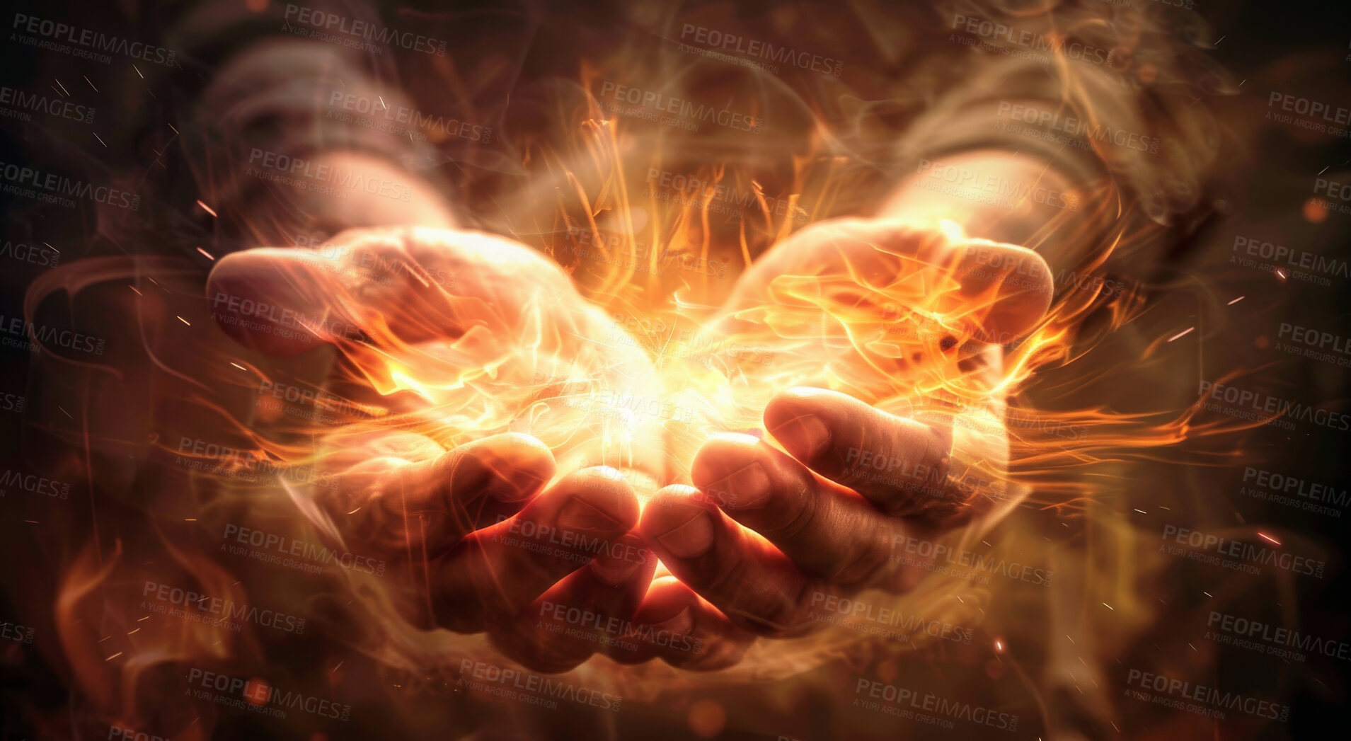 Buy stock photo Hands, fire and person with flame for support, prayer and care with light for power. Futuristic, giving and palm with 3d glow of spark, heat and spiritual energy or community for hope and praying