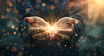 Hands, bokeh and holographic overlay of light for support, prayer and care with cosmos for universe. Futuristic, hologram and palm with 3d glow of galaxy, stars and spiritual energy or community