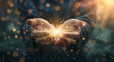 Hands, bokeh and holographic overlay of light for support, prayer and care with cosmos for universe. Futuristic, hologram and palm with 3d glow of galaxy, stars and spiritual energy or community