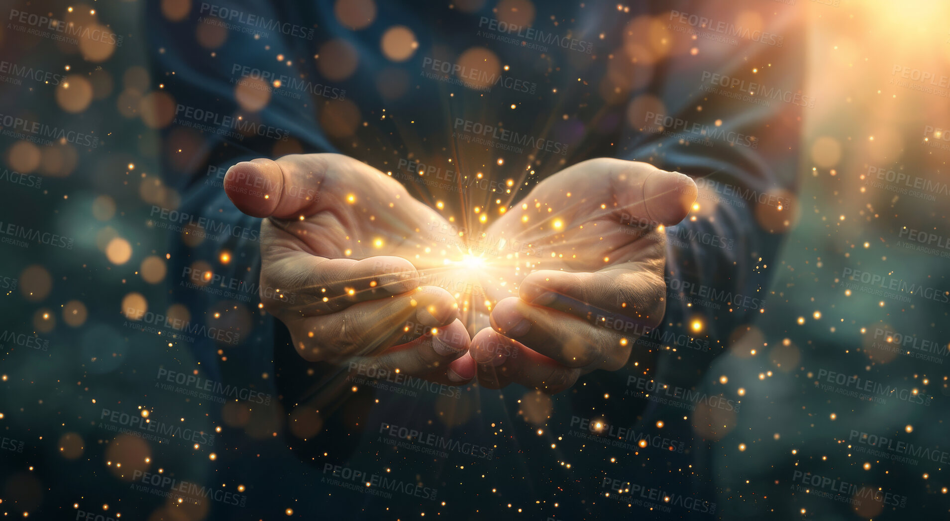 Buy stock photo Hands, bokeh and holographic with person of light for support, prayer and care with cosmos for universe. Futuristic, hologram and palm with 3d glow of galaxy, stars and spiritual energy or community