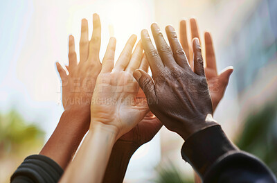Group, diversity and high five with hands, collaboration and support for project success. Community, and team building together, celebration and motivation or positive gesture for participation