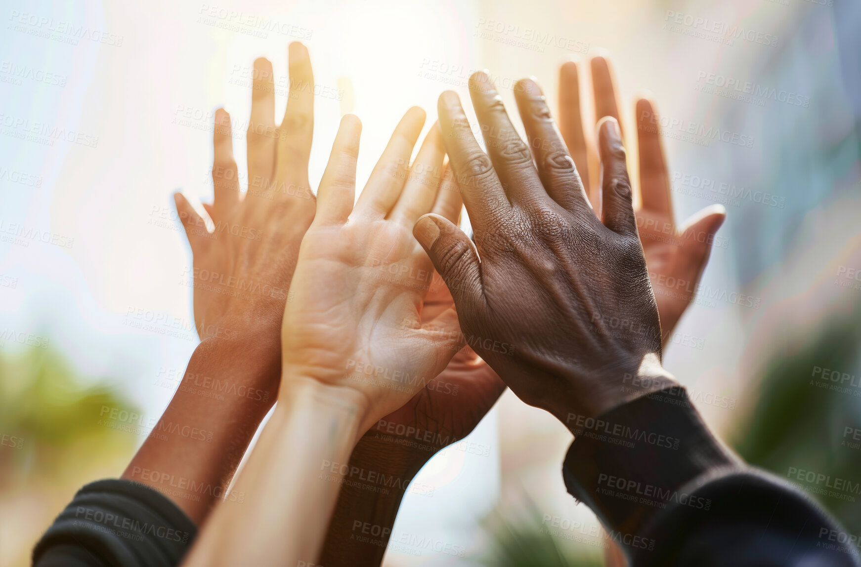 Buy stock photo Group, diversity and high five with hands, collaboration and support for project success. Community, and team building together, celebration and motivation or positive gesture for participation