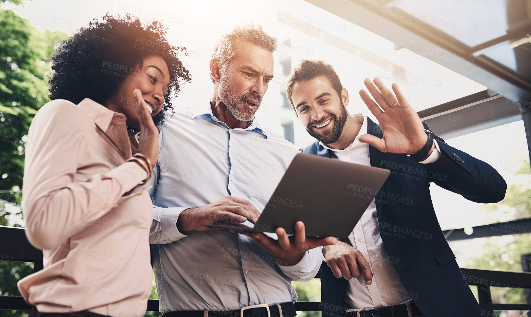 Buy stock photo Laptop, team and business people wave on video call for meeting, online conference or low angle. Happy group, computer and hello on webinar, virtual greeting and sales manager outdoor for remote work