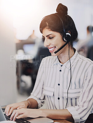 Buy stock photo Call center, headset and woman agent with laptop in office typing for consultation with crm. Technical support, communication and insurance advisor with computer for online service assistance.