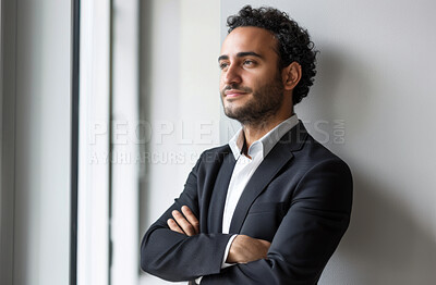Arms crossed, future and thinking with business man in office at window for contemplation or problem solving. Confident, idea and vision with corporate employee in suit at workplace for planning