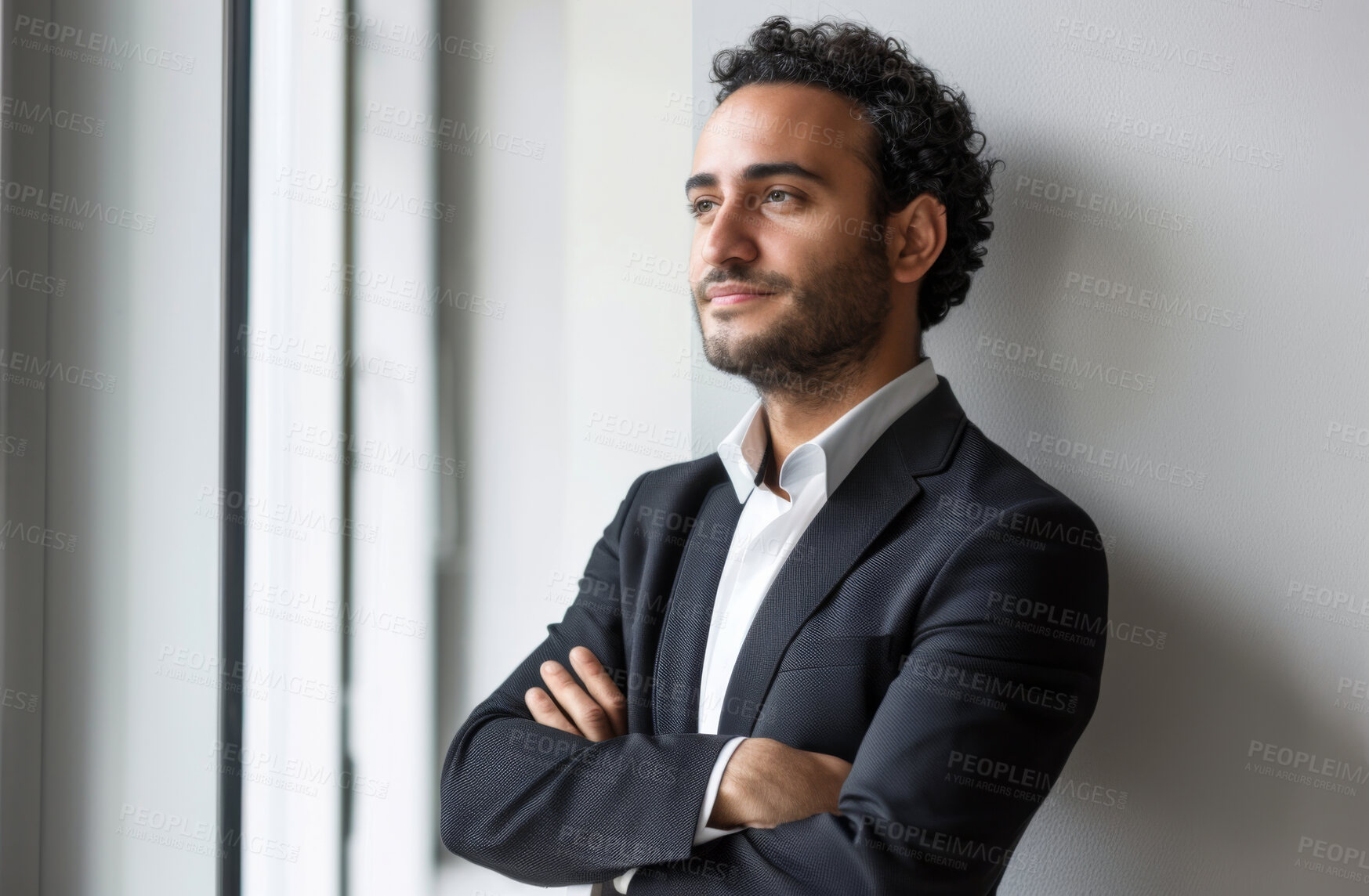 Buy stock photo Arms crossed, future and thinking with business man in office at window for contemplation or problem solving. Confident, idea and vision with corporate employee in suit at workplace for planning