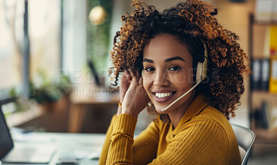 Woman, call center and smile in portrait at office for telemarketing in headphones, mic or contact us for advice. African consultant, happy and agent for customer care, service and crm at help desk