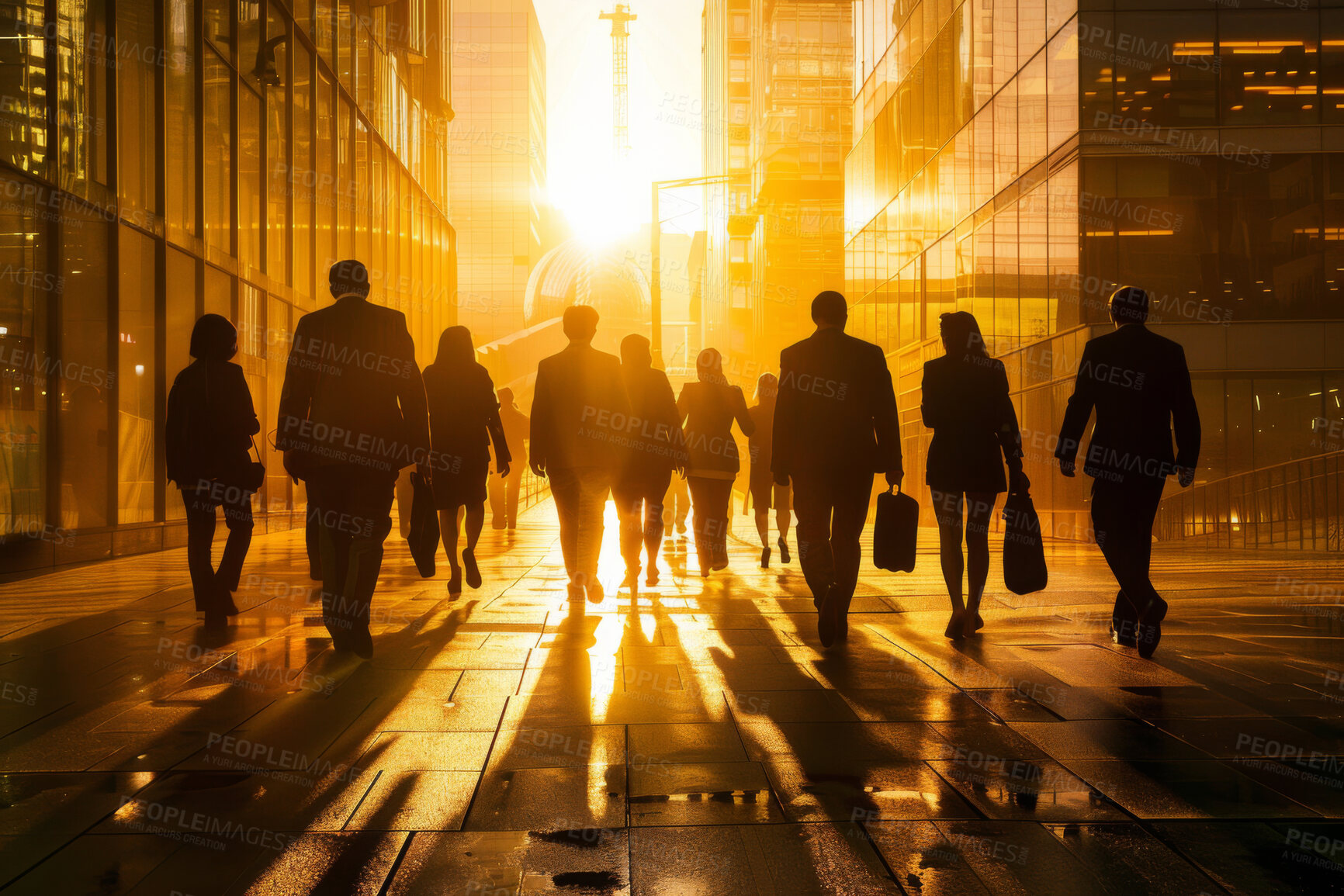 Buy stock photo Morning, sunrise and silhouette of business people in city for travel, walking or work commute. Sun, fresh start or light of new day in San Francisco for hustle crowd with hope, resilience or journey