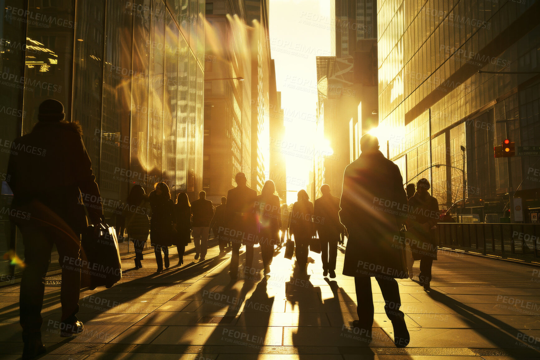 Buy stock photo Morning, sunrise and crowd of business people in city for travel, walking and work commute. Sun, fresh start and light of new day in San Francisco for hustle group with hope, resilience or journey