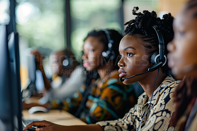 Black woman, call center and coworking office for telecom, CRM and contact voter registration help desk agent in the workplace. Technical support, advice and customer service with voting helpline