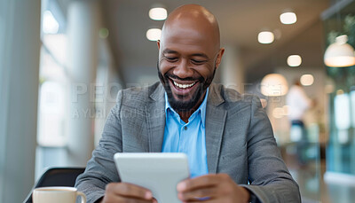 Black man, smile and business tablet for online app as real estate agent for sales, planning or investment. Male person, happiness and networking or property insurance, office building or startup