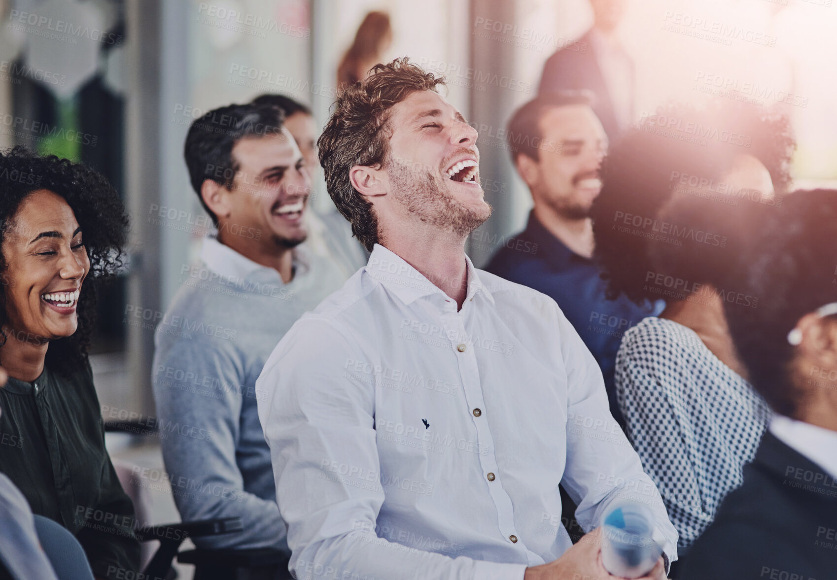 Buy stock photo Education, development and seminar with funny business people in conference room for learning or training. Corporate, laughing at workshop with man and woman employee group in audience at office