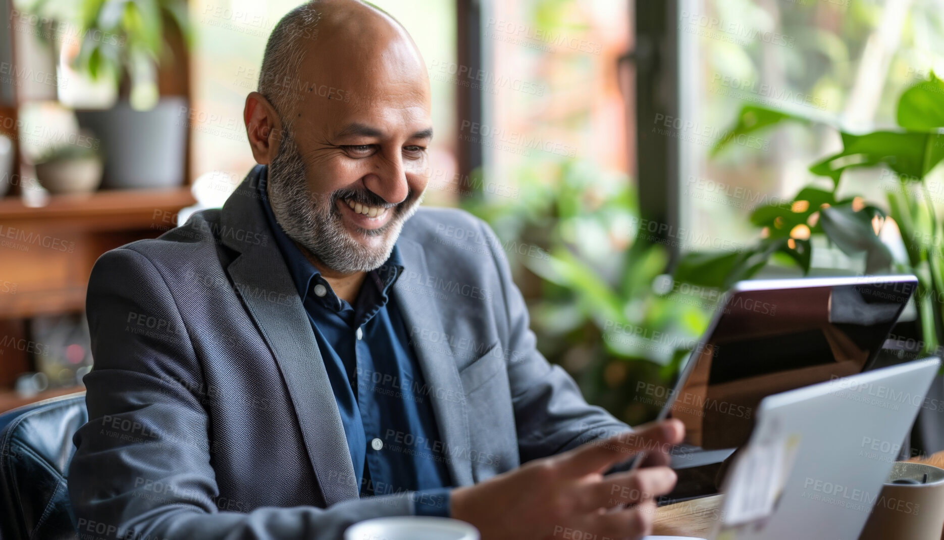 Buy stock photo Coffee shop, smile and mature man with tablet, laptop and checking email, social media or good news online. Relax, cafe and happy businessman with digital app for networking, connection and internet.