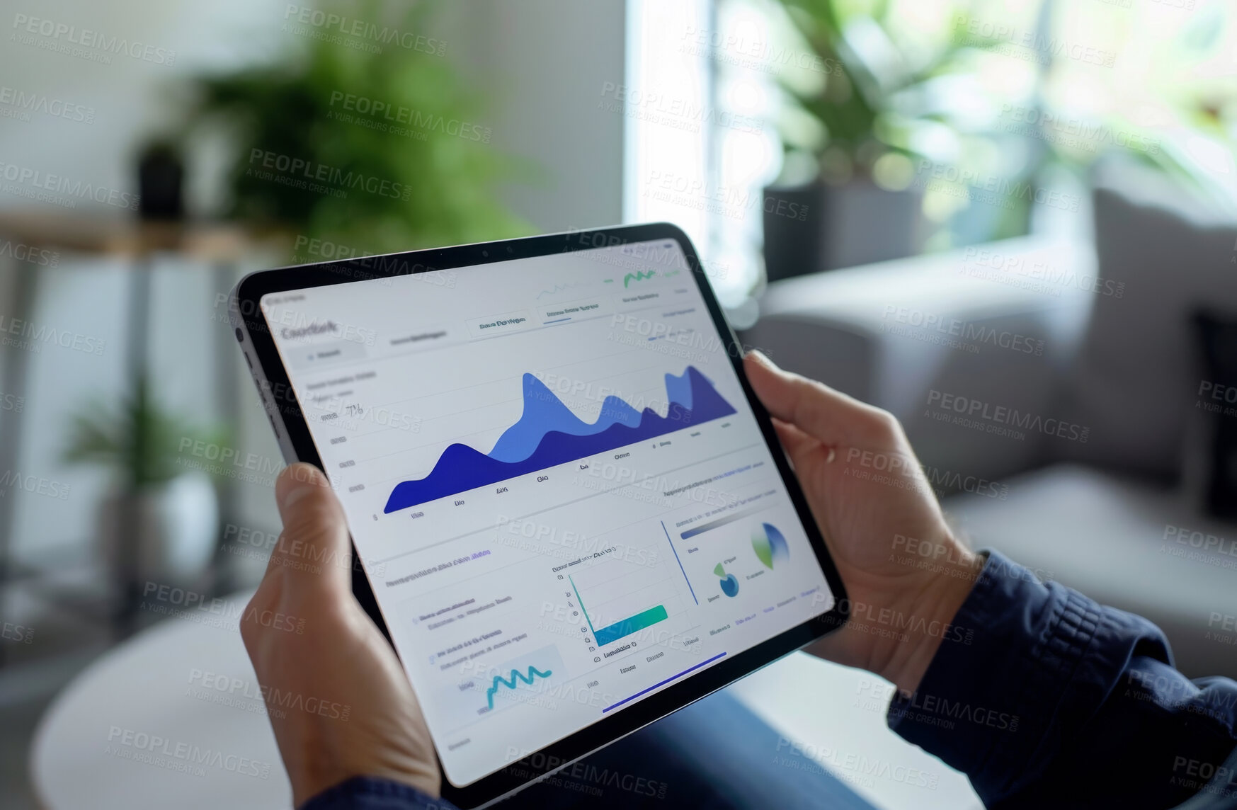 Buy stock photo Tablet, screen and hands of person with statistics for online growth, development and sales in home. Charts, graphs and digital app for data analytics, financial investment and crypto market profit