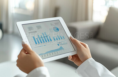 Tablet, screen and hands of woman with statistics for online growth, development and sales in home. Charts, graphs and digital app for data analytics, financial investment and crypto business profit