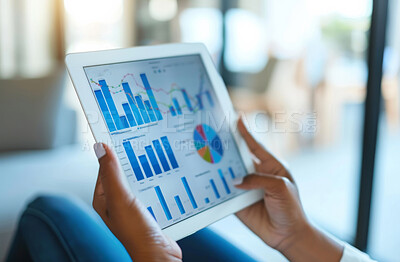 Tablet screen, hands and business woman with chart in office for graph, data analytics or statistics info. Digital, app and accountant with inflation, survey or economy research for financial review