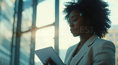 Tablet, window and business black woman at office in morning for communication, networking or research. Flare, internet and technology with confident employee in glass workplace for corporate report